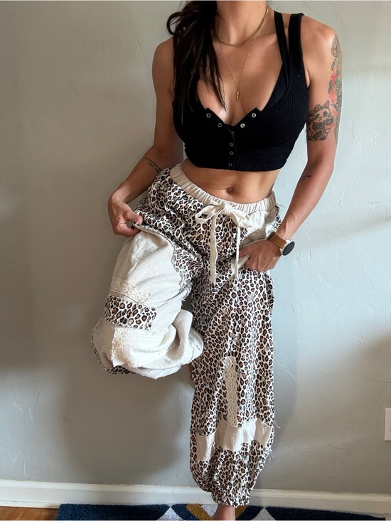 POL Pants - Pol BamBam Leopard Patchwork Drawstring Jogger Pants - Cream/Beige M